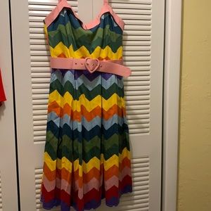 ModCloth Collectif M rainbow dress with pink belt, heart belt buckle, never worn